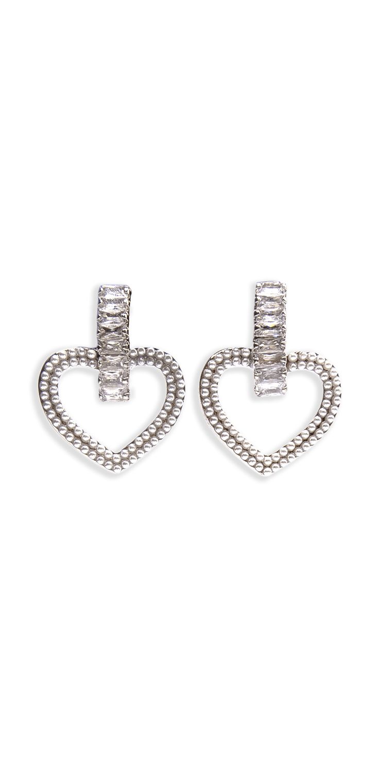 Camille La Vie Pearl Heart Drop Earring with Rhinestone Detail silver / OS Elegant Silver Heart Earrings For Party, Elegant Silver Sparkling Heart Earrings, Silver Heart Earrings With Sparkling Stones, Crystal Heart Earrings With Rhinestones, Elegant Silver Heart Earrings With Sparkling Stones, Glamorous Crystal Heart Earrings, Glamorous Silver Heart Earrings With Rhinestones, Heart-shaped Cubic Zirconia Crystal Earrings For Party, Heart Cut Cubic Zirconia Earrings For Party