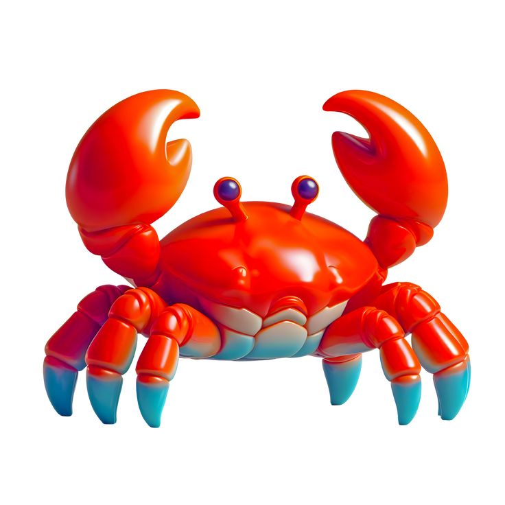 a red crab with blue legs and claws on it's back, sitting in front of a white background