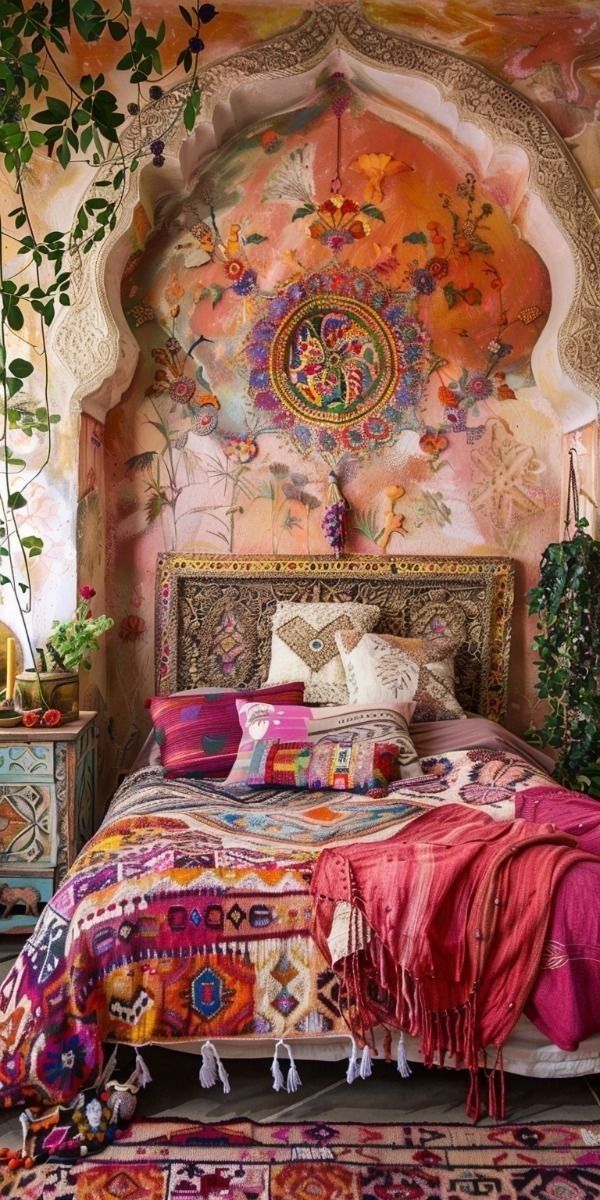 a bedroom with an elaborately decorated bed and colorful rugs