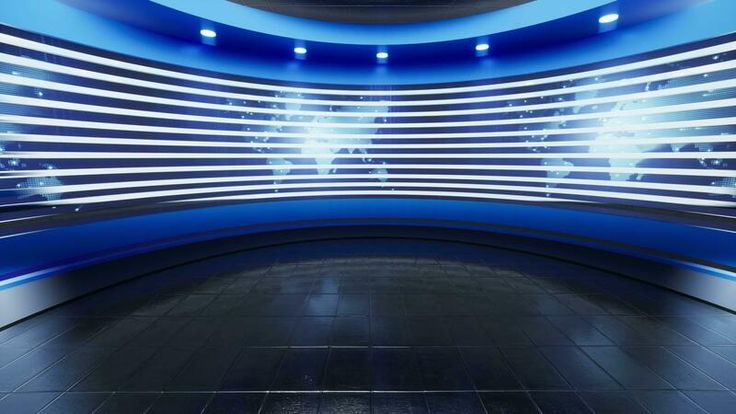 an empty tv studio with blue and white lines on the wall, lighting from below