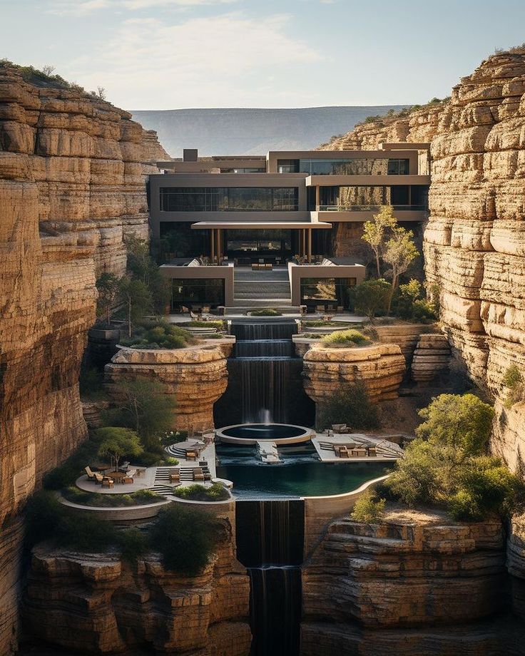 a large waterfall in the middle of a canyon with a house on it's side