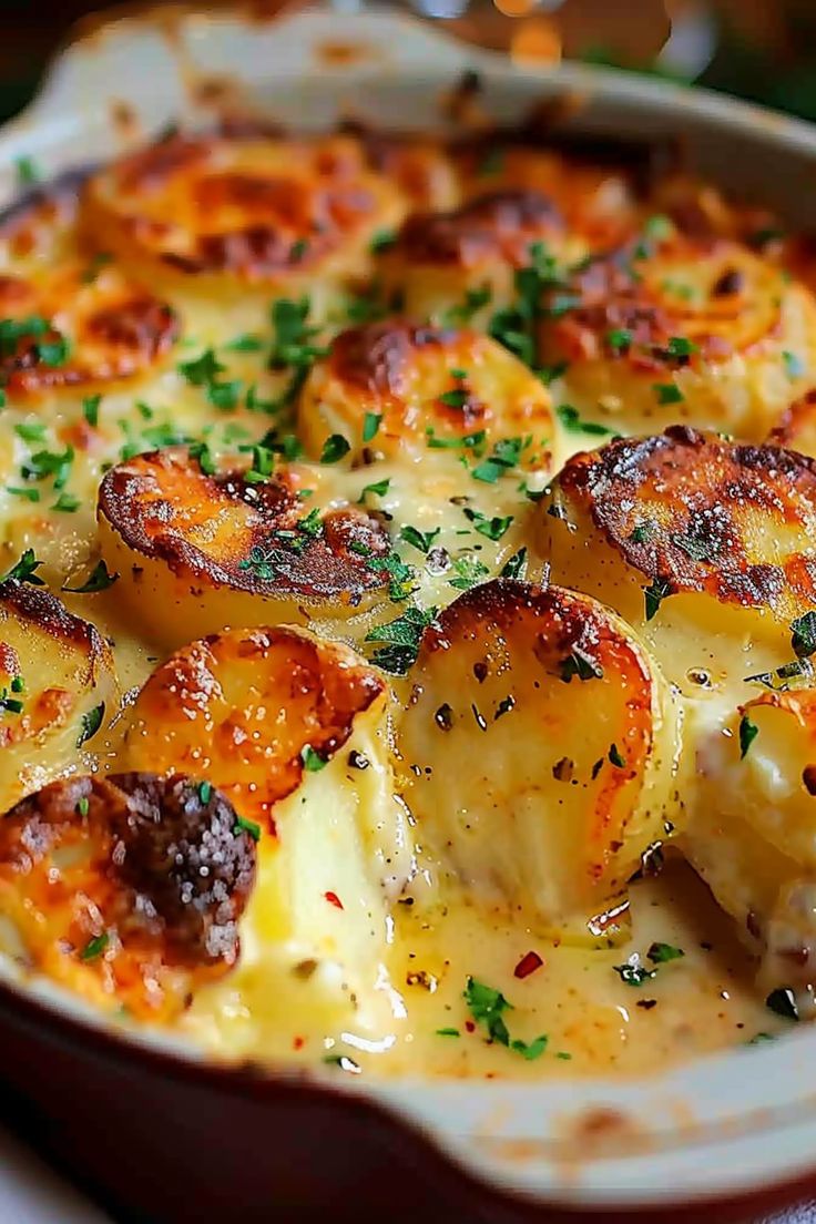 a casserole dish filled with potatoes and cheese