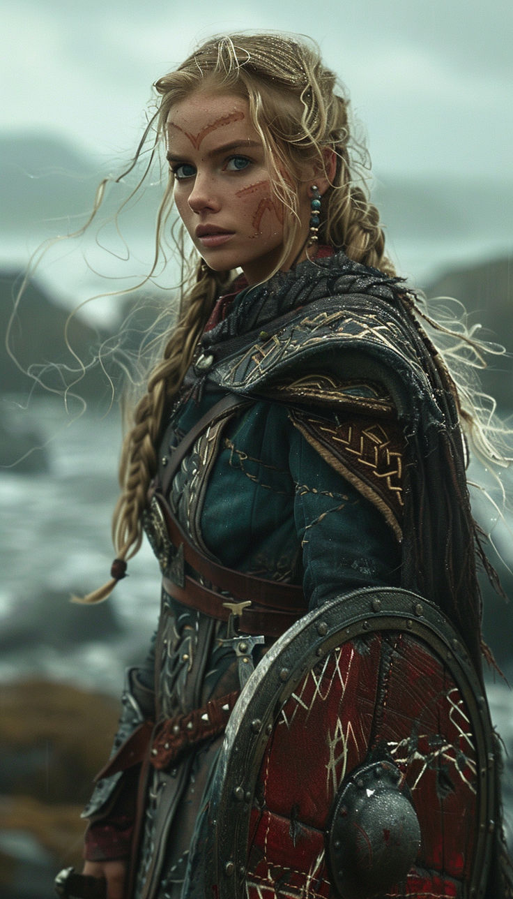 a woman with long hair and braids holding a shield