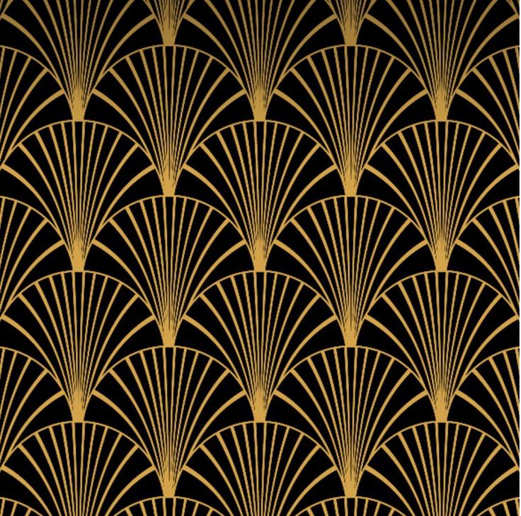 an art deco style wallpaper with gold fan shapes on black and gold background,