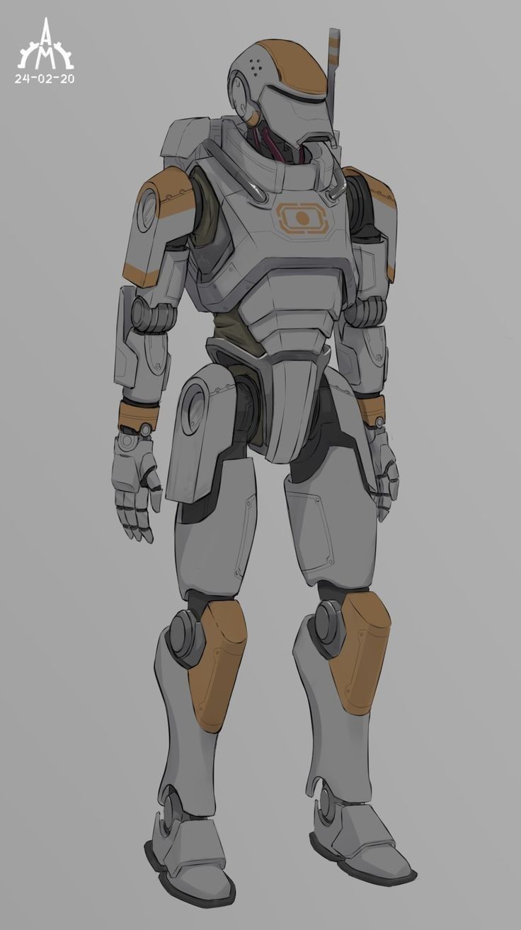 a robot that is standing in the middle of a gray background with an orange and white outline