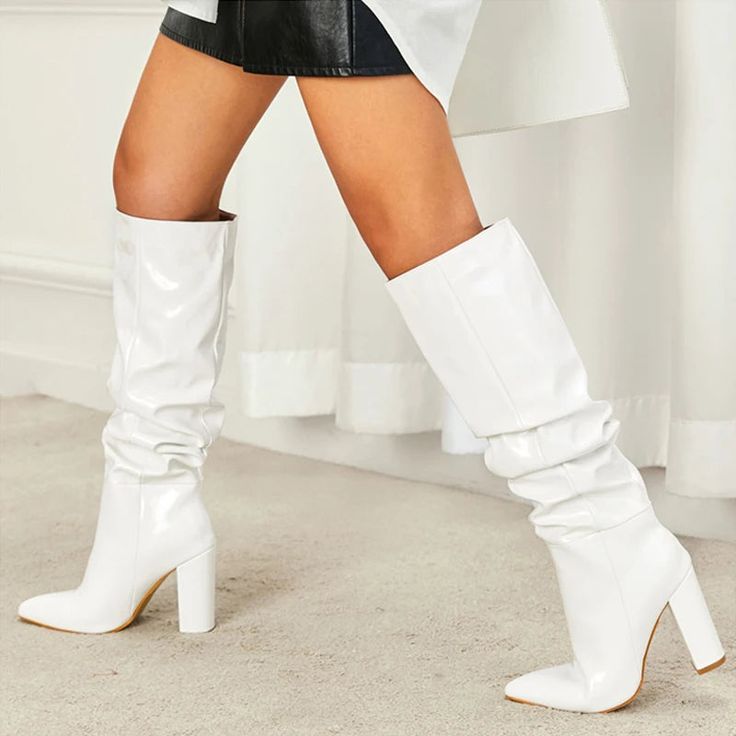 Fashion Cozy White Pleated Patent Leather Knee High Boots Autumn Winter Women Shoes Sexy Pointed Toe Square Heels Pumps Boot Type: Motorcycle boots Shaft Material: Patent Leather Outsole Material: Rubber Upper Material: Patent Leather Origin: Mainland China Season: Spring/Autumn Insole Material: PU Heel Type: Square heel Lining Material: PU Boot Height: Knee-High Item Type: Boots Fashion Element: Pleated Department Name: Adult Toe Shape: Pointed toe Heel Height: Super High (8cm-up) With Platforms: Yes Platform Height: 0-3cm Style: Novelty is_handmade: Yes Pattern Type: Solid Model Number: 3256805519314992 Fit: Fits true to size, take your normal size Closure Type: Slip-On women knee high boots: long boots women Long boots Welcome to my shopsize 35=US size 4 = feet lenght 22.5CMsize 36=US s Below The Knee Boots, Leather Knee High Boots, Patent Leather Boots, Winter Shoes For Women, Boots Women Fashion, Knee High Leather Boots, Girls Boots, Platform Boots, Faux Leather Jackets