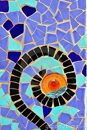 an abstract mosaic design with blue and orange colors