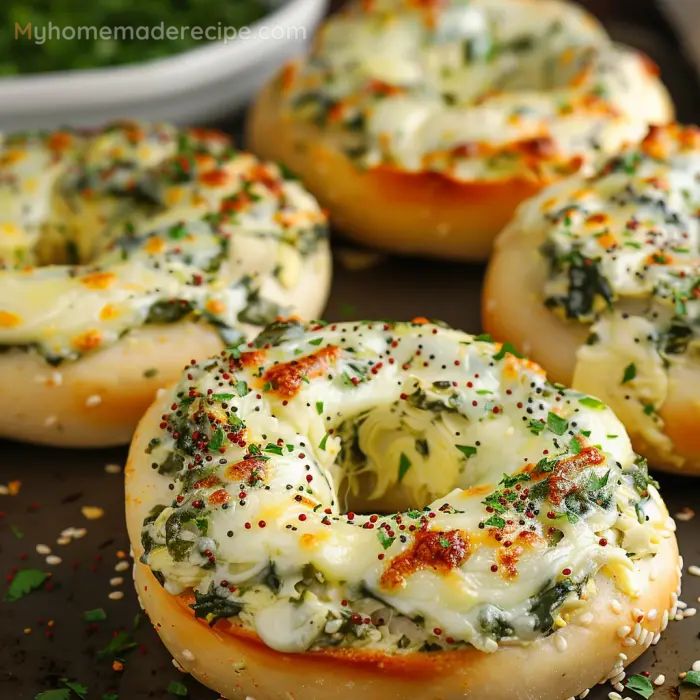 baked bagels with cheese and herbs on a baking sheet, ready to be eaten