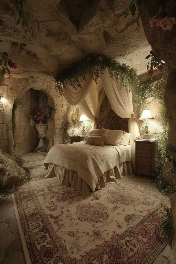 a large bed sitting inside of a bedroom next to a stone wall covered in vines