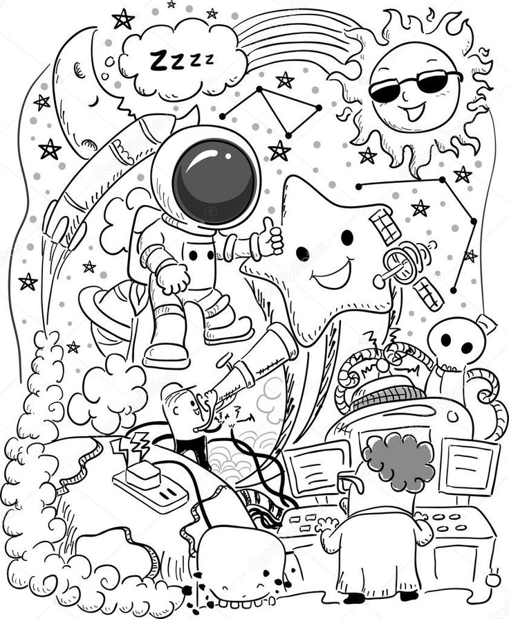 a black and white drawing of an astronaut in space with other objects around him,