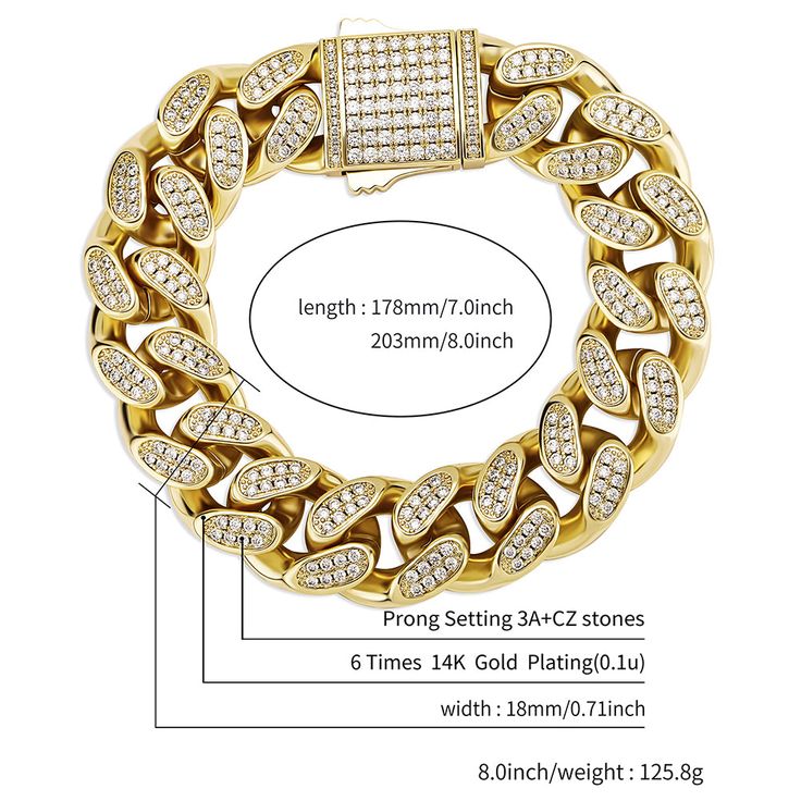 Put some Cuban flavor into your style with this 18mm Cuban link bracelet. It's crafted with high quality gold plating and adorned with cubic zirconia stones for a touch of luxury. The Cuban link design is classic and stylish, and it's sure to make a statement whether you're dressing up or dressing down.This bracelet is the perfect way to add a little bit of edge to your outfit. Whether you're going for a night out on the town or just hanging out with friends, this bracelet will help you make a s Gold Diamond Bracelet With Rhinestones For Gift, Gold Diamond Bracelet For A Gift, Gold Diamond Chain Bracelet With Rhinestones, Gold Diamond Bracelet With Rhinestones As A Gift, Iced Out Gold Chain Link Bracelet, Luxury Gold Diamond Bracelet With Rhinestones, Gold Diamond Bracelet With Rhinestones, Gold Cuban Link Bracelets With Diamond Accents, Gold Cuban Link Bracelet Iced Out In Cubic Zirconia