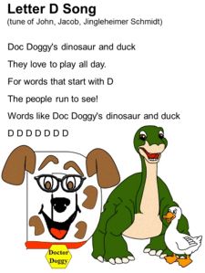 an image of a dog and a dinosaur in front of a sign that says letter d song