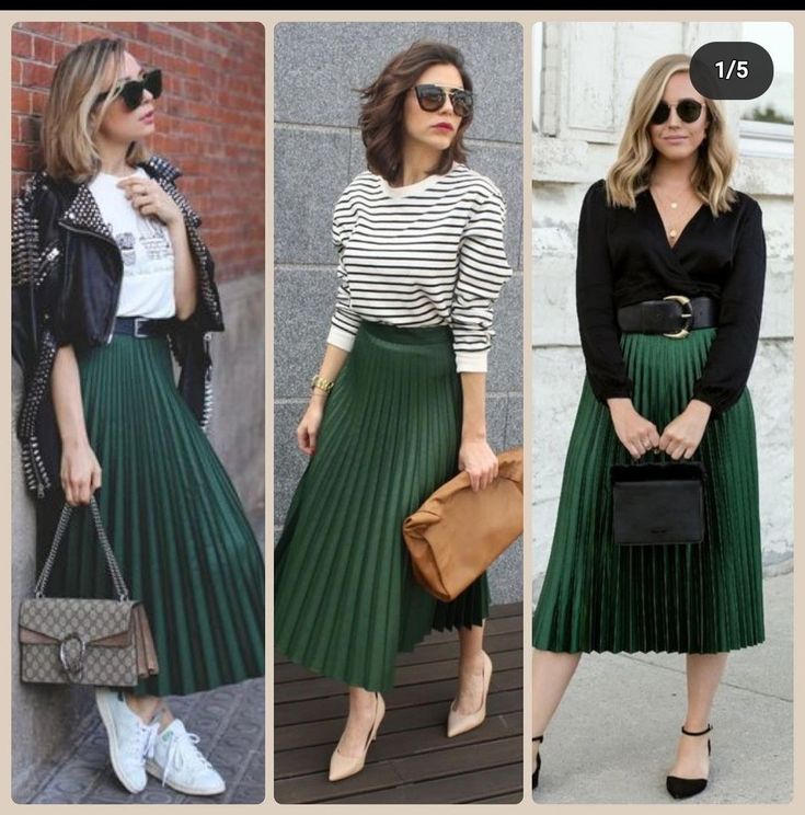 Green Pleated Skirt Outfit, Green Pleated Skirt, Pleated Skirt Outfit, Chique Outfits, Pleated Skirts, Fashion Capsule, Stylish Work Outfits, Casual Work Outfits, Modest Fashion Outfits