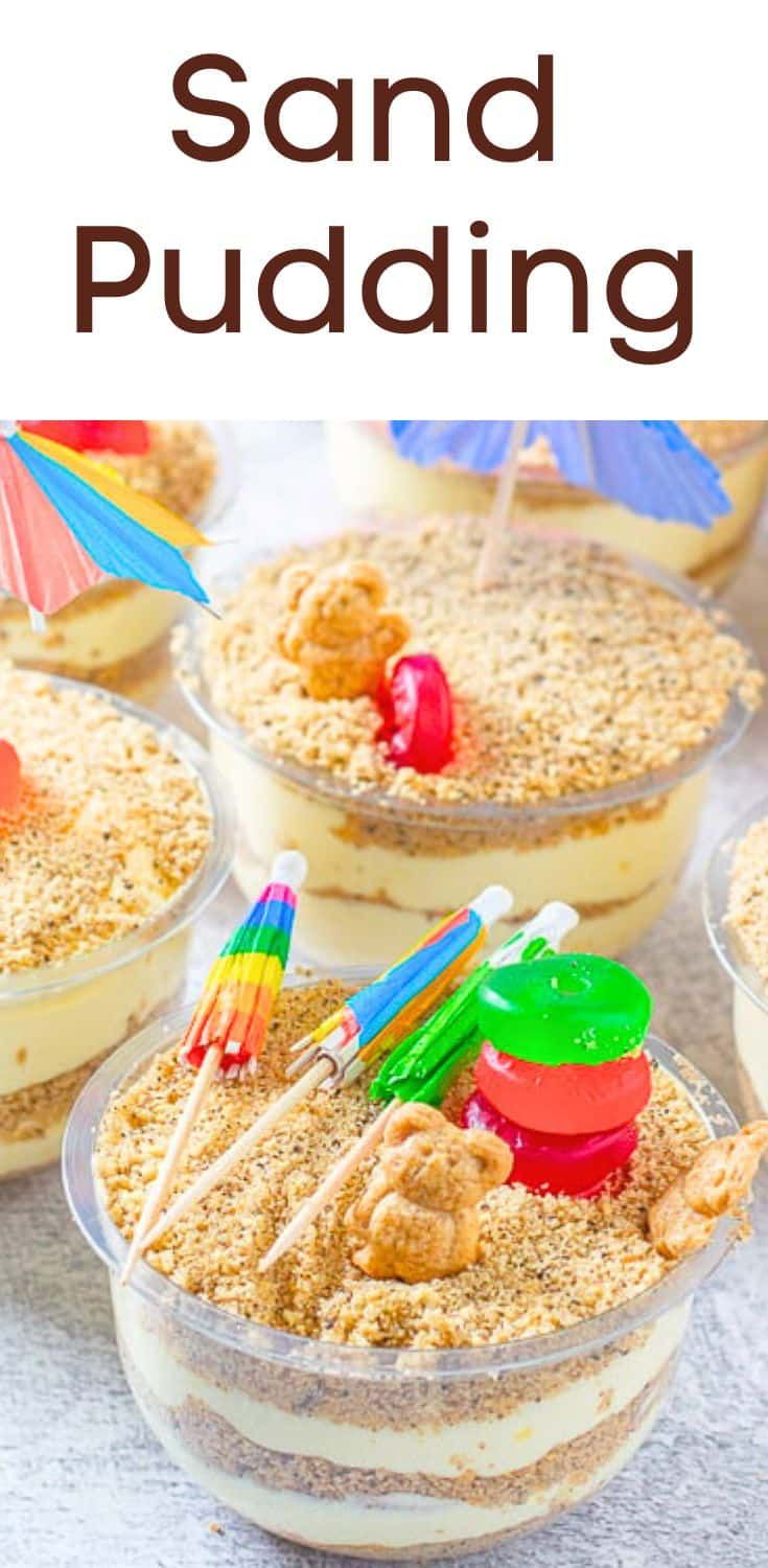 there are several desserts in small bowls with sand pudding on top and beach toys sticking out of them