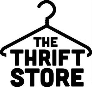 the thrift store logo is black and white