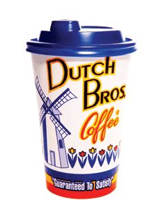 dutch bros coffee cup with blue lid and windmill design on the side, in front of a white background