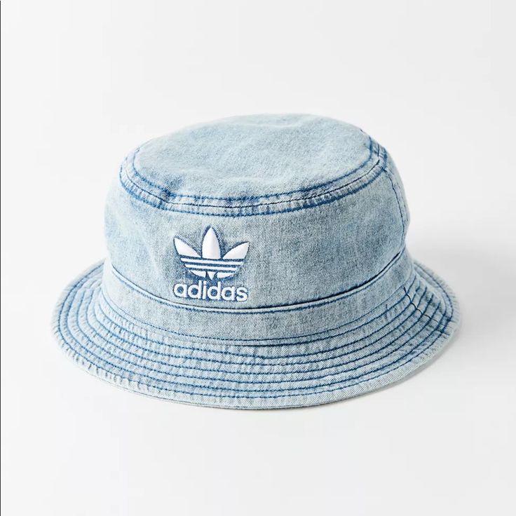 Brand New With Tag One Size Blue Denim Bucket Hat With Short Brim, Blue Denim Bucket Hat For Summer, Blue Washed Bucket Hat, Trendy Blue Flat Brim Bucket Hat, Summer Denim Hat In Medium Wash, Blue Washed Hat With Curved Brim, Trendy Denim Hat For Spring, Summer Denim Blue Hats, Summer Denim Blue Denim Hat