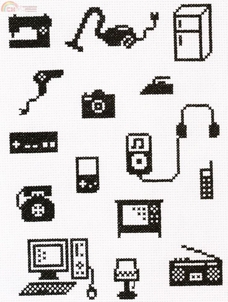 a cross stitch pattern with different types of items on it, including telephones and other electronic devices