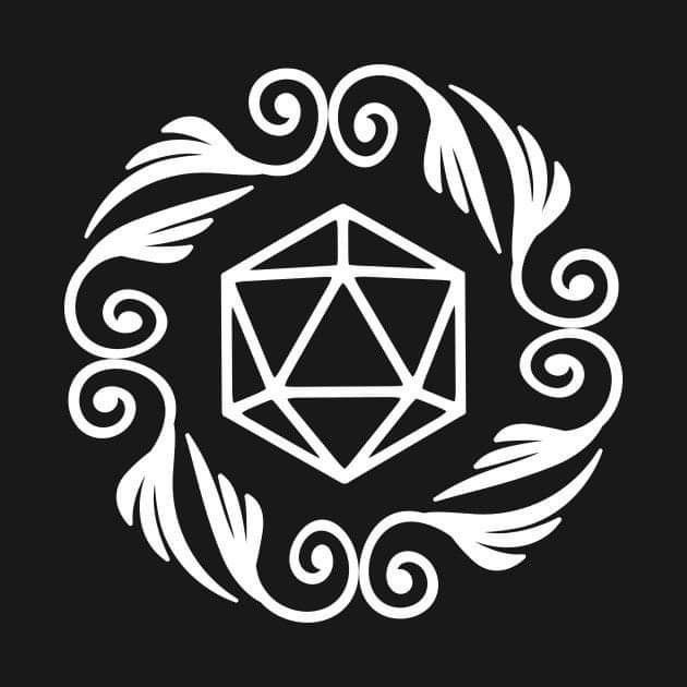 the d20 logo in white on a black background with swirls and leaves around it