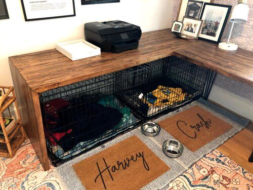 a dog kennel with two dogs in it's cages on the floor