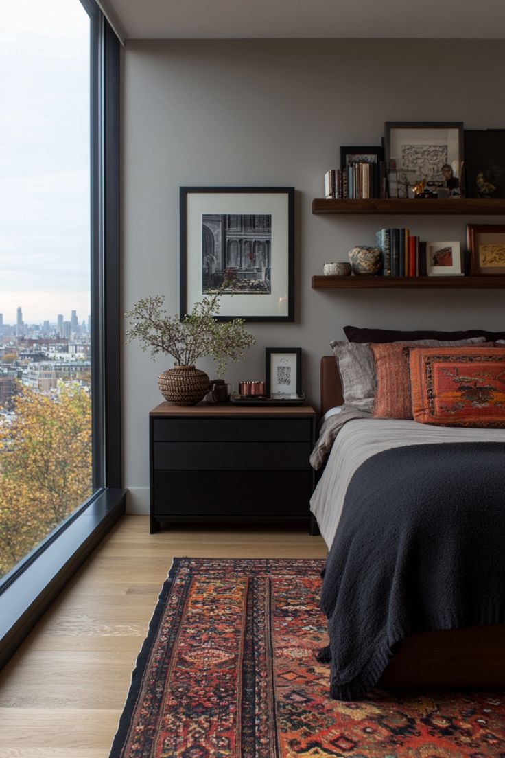 a bedroom with a large window overlooking the city