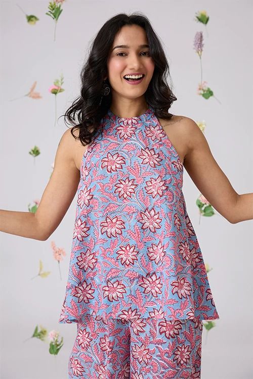 Okhai "Marabella" Handblock Printed Pure Cotton Halter Top – Okhaistore Halter Neck Blouse, Dress Designs For Stitching, Simple Frock, Winter Wear Women, Model Blouse Designs, Simple Frock Design, Stylish Gown, Bridal Makeup Images, Simple Frocks