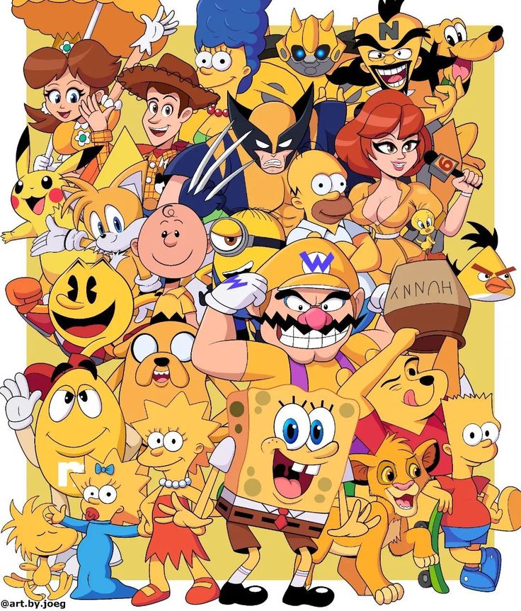 Yellow Cartoon Characters Coloring Characters Tutorial, Yellow Characters Cartoon, Cartoon Collage Drawings, Characters Photography, Yellow Cartoon Characters, Crossover Fanart, Yellow Characters, Best Cartoon Characters, Crossover Art