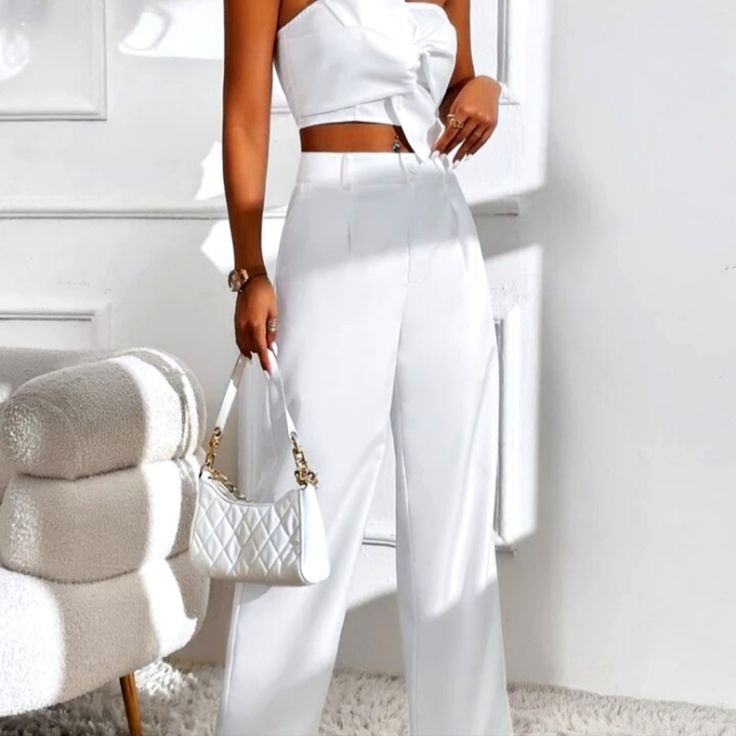 2pc Pants Suit Chic Pants Matching Set For Workwear, Chic Pant Set For Day Out With Matching Set, Chic Matching Set Pants For Workwear, Chic Fitted Pant Set For Day Out, Chic Two-piece Spring Pantsuit, White Pant Set For Spring Workwear, Chic Two-piece Summer Pantsuit, Two-piece High-waist Bottoms For Day Out, Fitted High Waist Sets For Day Out