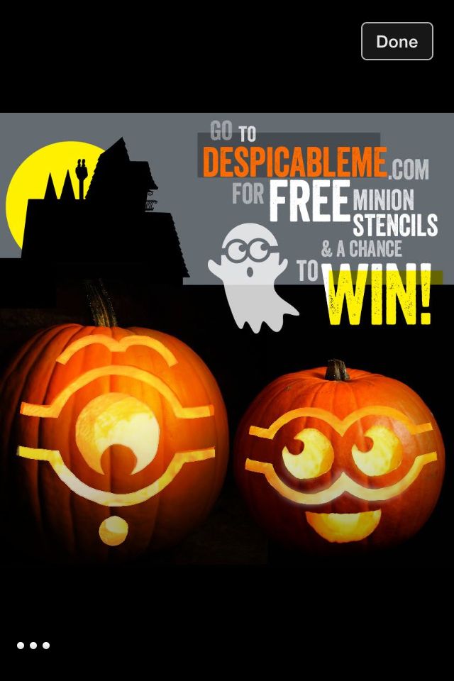 two pumpkins with faces carved into them and the words despicable me com for free - minion, stencils to win