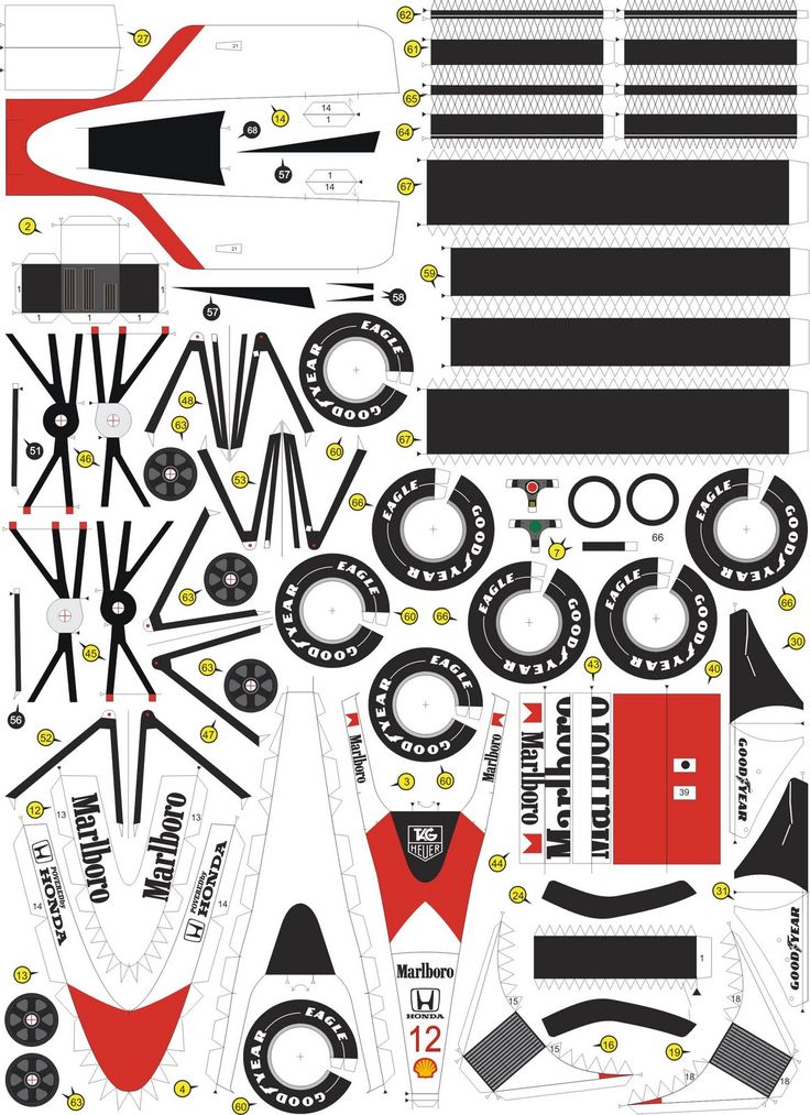 the decal sheet for the model airplane is shown in black and white, with red accents