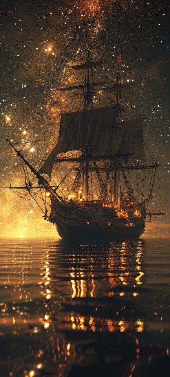 a ship floating on top of the ocean under a sky filled with stars and lights