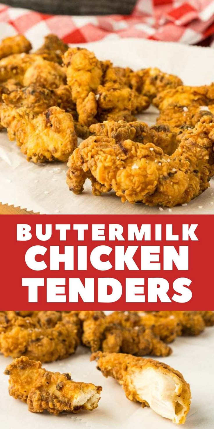 buttermilk chicken tenders on a plate with text overlay