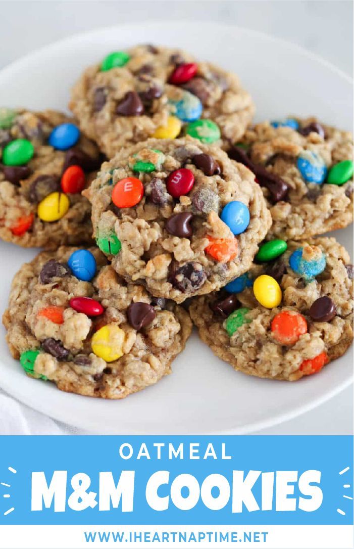 oatmeal m & m cookies on a white plate with text overlay