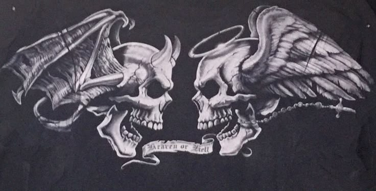 two skulls with wings and banner on black shirt