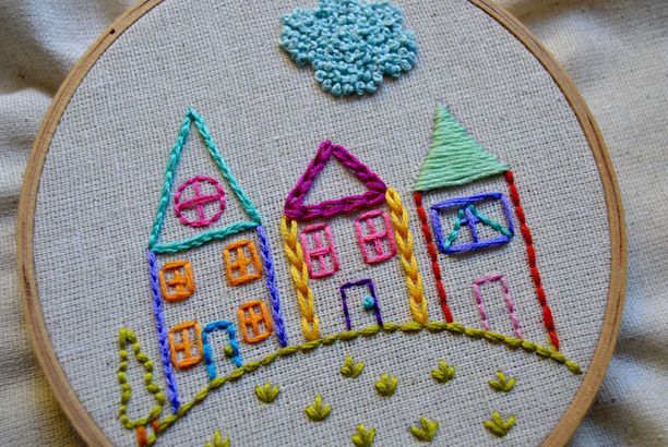 a colorful embroidery pattern with houses and trees on the front is displayed in an embroidered hoop