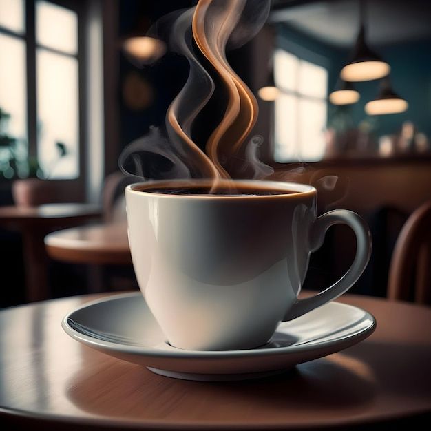 a cup of coffee with steam rising from it on a saucer in a restaurant