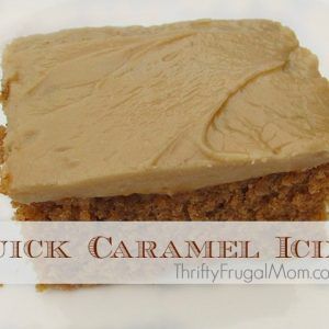 a close up of a piece of cake on a plate with the words quick caramel icing