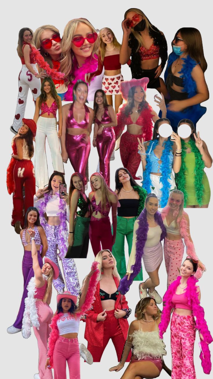 a collage of women dressed up in different outfits and colors, all posing for the camera