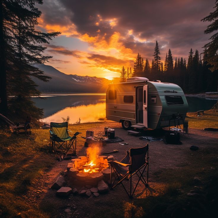 a camper sits in front of a fire pit with chairs around it at sunset