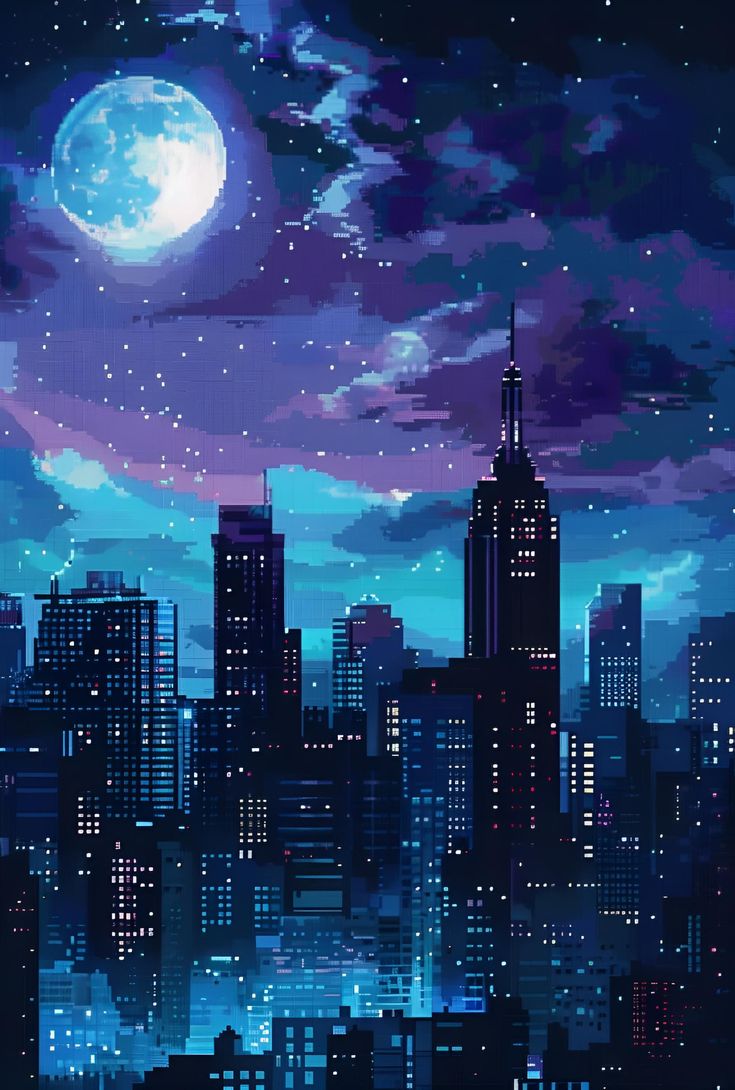 the city skyline is lit up at night with stars and moon in the sky above