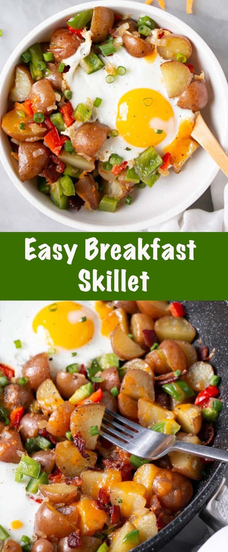 an egg and potatoes skillet in a pan with the words easy breakfast skillet