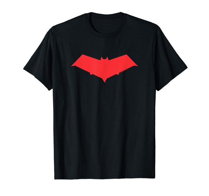 a black t - shirt with a red bat on it's chest and the word batman