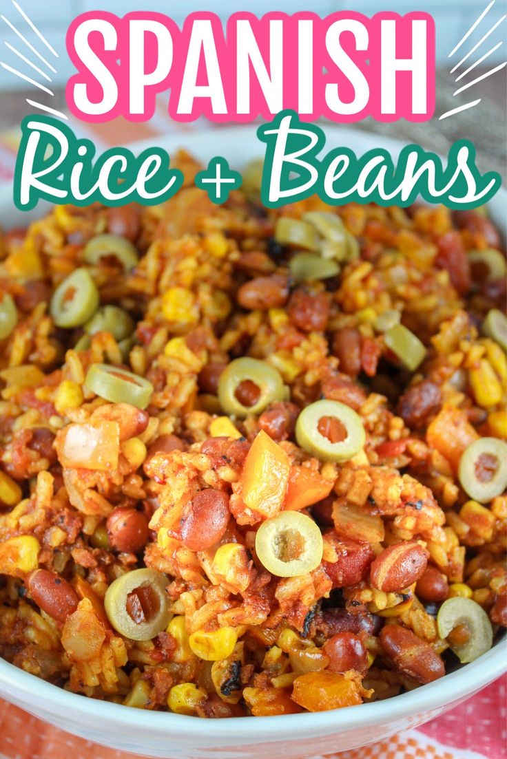 spanish rice and beans in a white bowl on a red checkered table cloth with text overlay