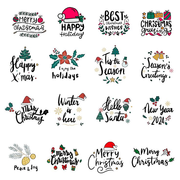 twelve merry christmas and happy new year hand drawn lettering design elements for greeting cards, banners or t - shirts