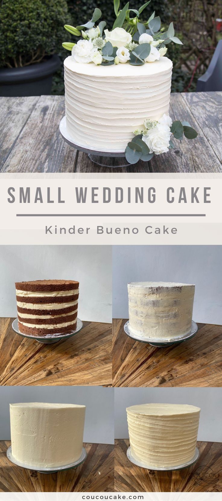 small wedding cake with white flowers and greenery on top, sitting on a wooden table