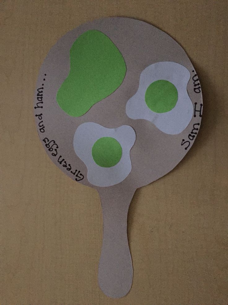 the paper is cut out to look like an egg frying pan with two green eggs on it