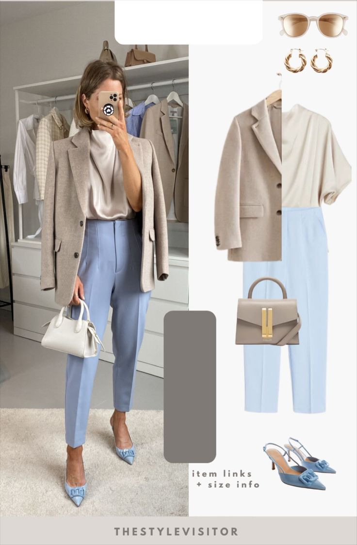 thestylevisitor on LTK Blue Formal Pants Outfit For Women, Cool Formal Outfits For Women, Light Blue Bag Outfit Ideas, Light Blue Work Outfit, Light Blue Work Pants Outfit, Dusty Blue Pants Outfit, Light Blue Slacks Outfit Women, Light Blue Trouser Outfit Women, Work Fashion 2023