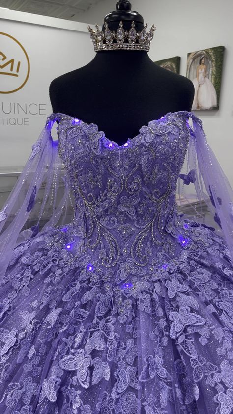 Purple Quinceanera Dresses With Butterflies, 15 Dresses Quinceanera Butterfly, Butterfly Debut Gown, Butterfly Quinceañera Dress, Quinceanera Butterfly Dresses, Quncie Dresses Purple, Royal Purple Prom Dress Ball, Lilac Purple Quince Dresses, Purple Quinceanera Dresses Butterfly With Sleeves