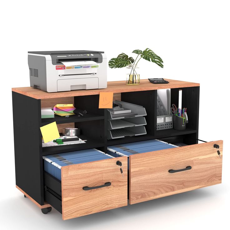 an office desk with two drawers and printer on the top, next to it is a potted plant