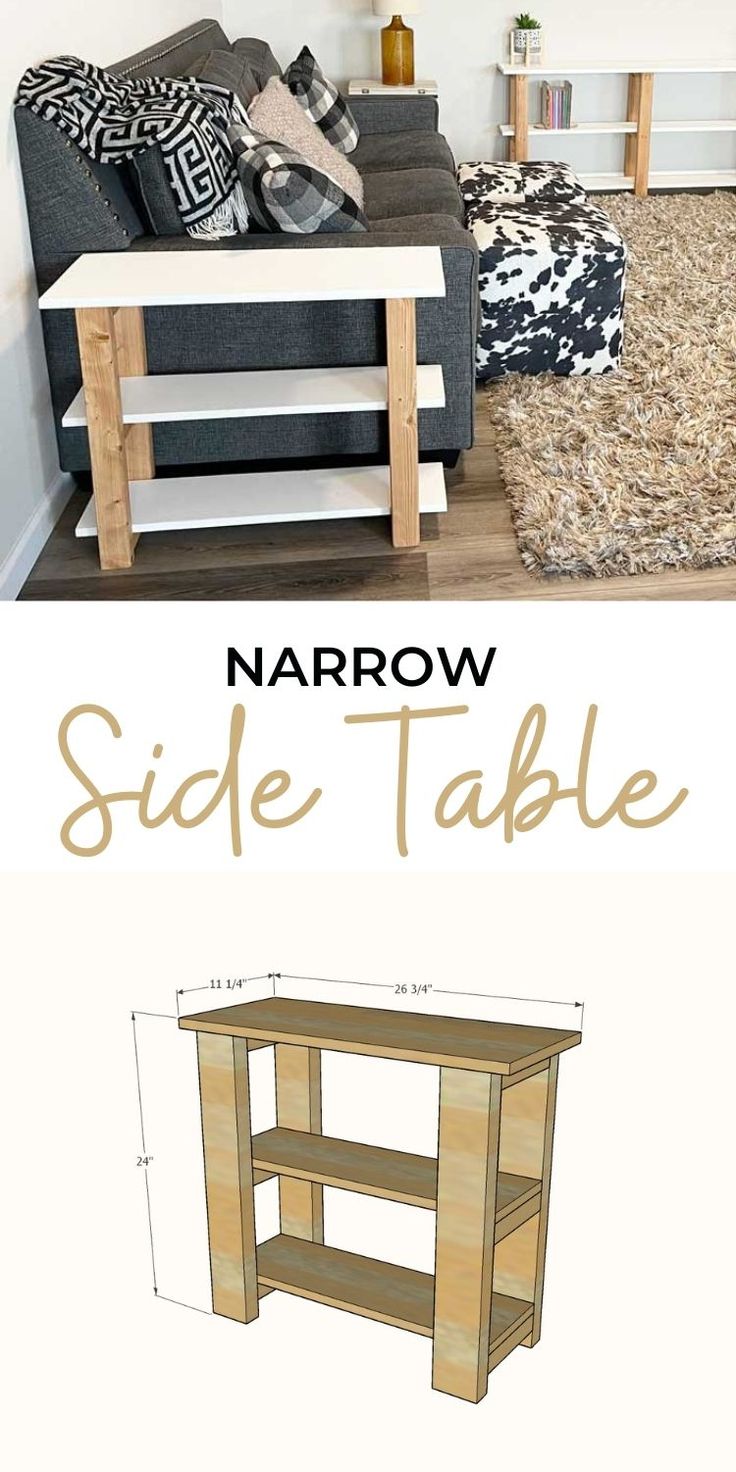 an easy diy side table made out of pallet wood with text overlay that says narrow side table